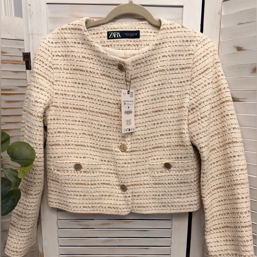 ZARA Cream Gold Bouclé Cropped Jacket NWT – Size M
